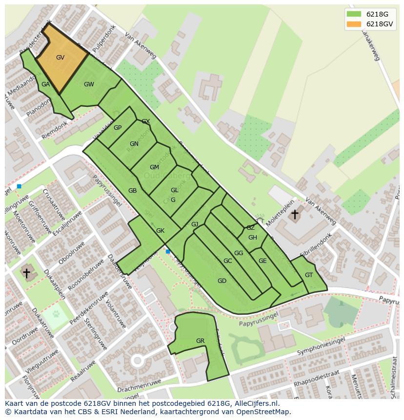 Afbeelding van het postcodegebied 6218 GV op de kaart.