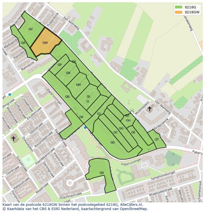 Afbeelding van het postcodegebied 6218 GW op de kaart.