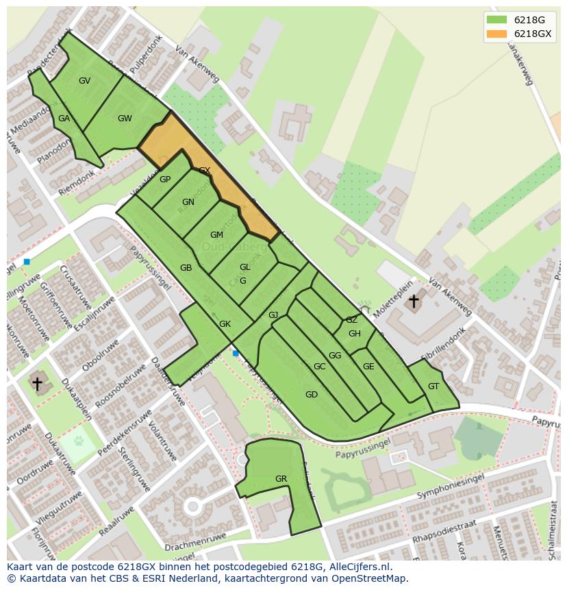 Afbeelding van het postcodegebied 6218 GX op de kaart.