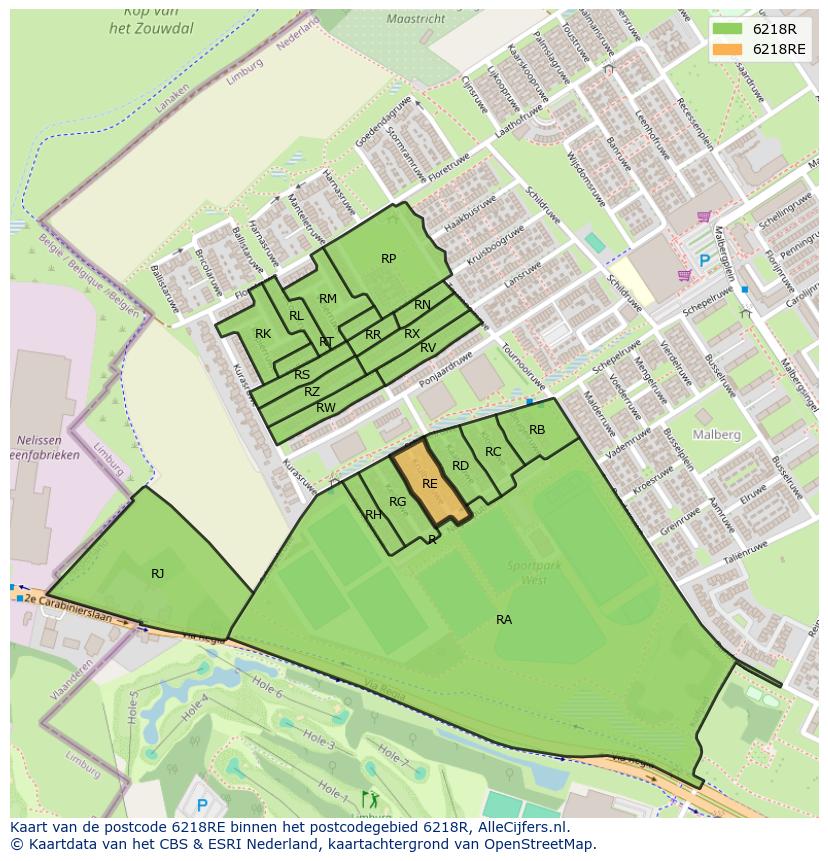 Afbeelding van het postcodegebied 6218 RE op de kaart.