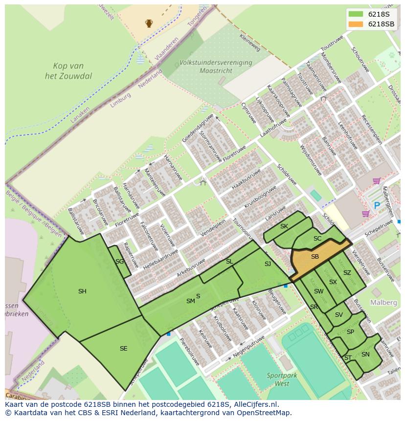 Afbeelding van het postcodegebied 6218 SB op de kaart.