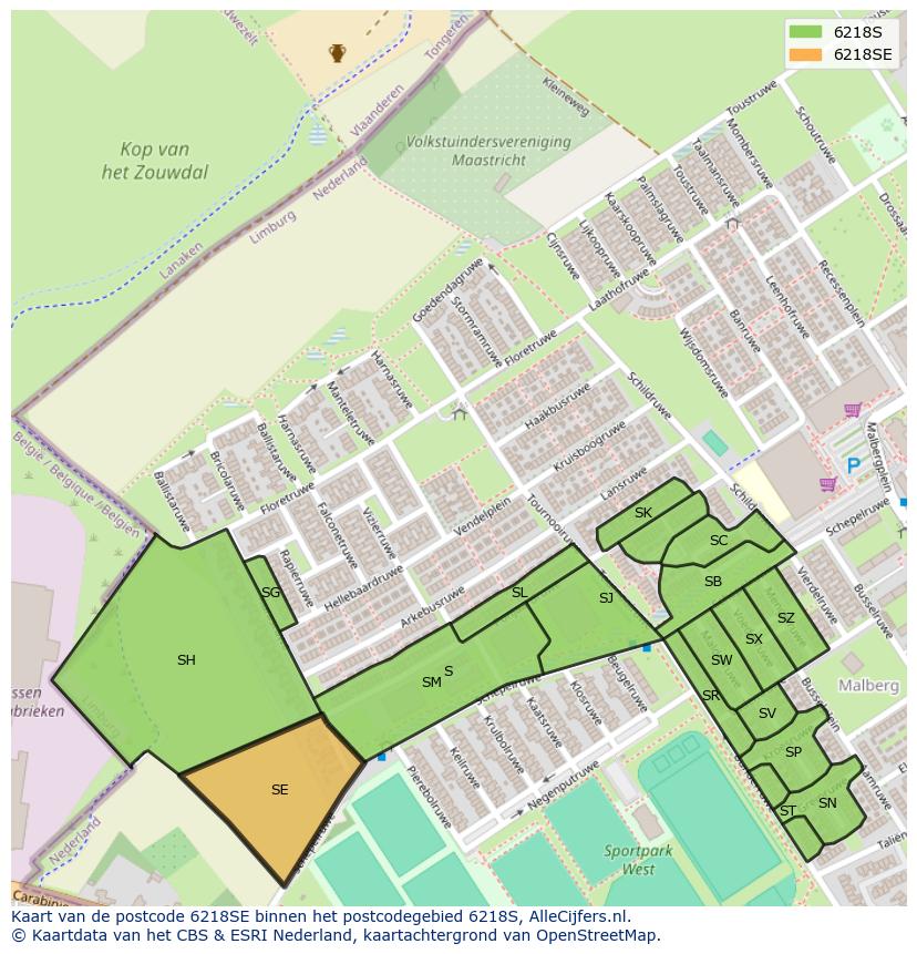 Afbeelding van het postcodegebied 6218 SE op de kaart.