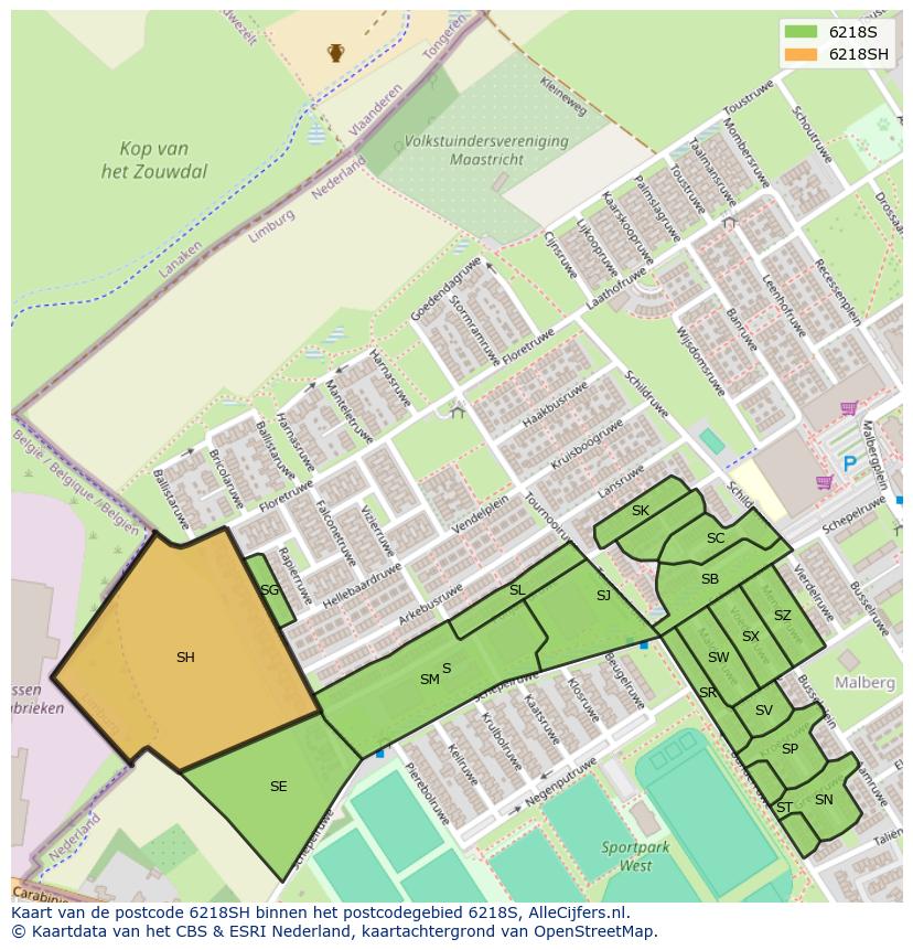 Afbeelding van het postcodegebied 6218 SH op de kaart.