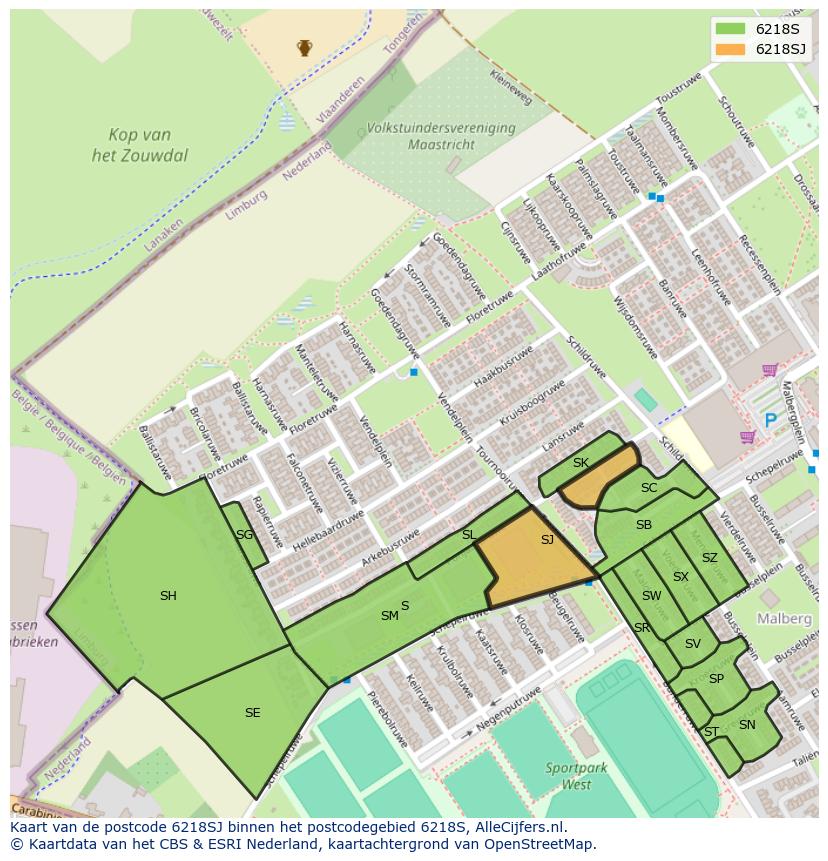 Afbeelding van het postcodegebied 6218 SJ op de kaart.