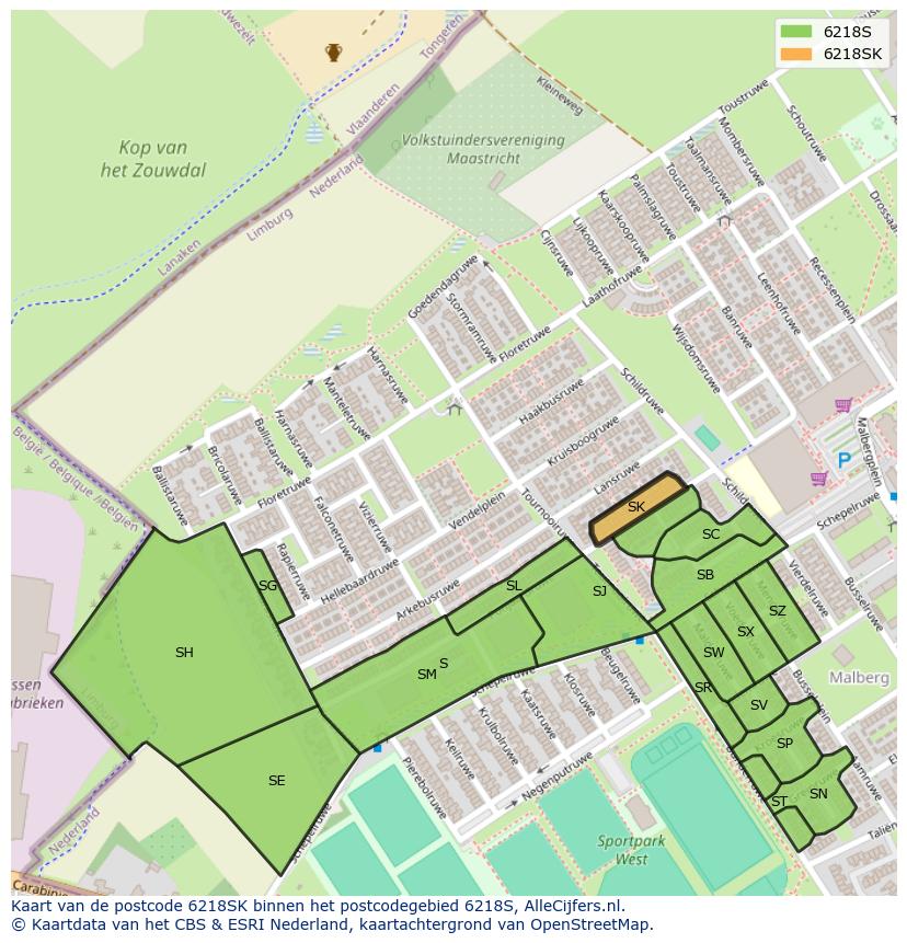 Afbeelding van het postcodegebied 6218 SK op de kaart.
