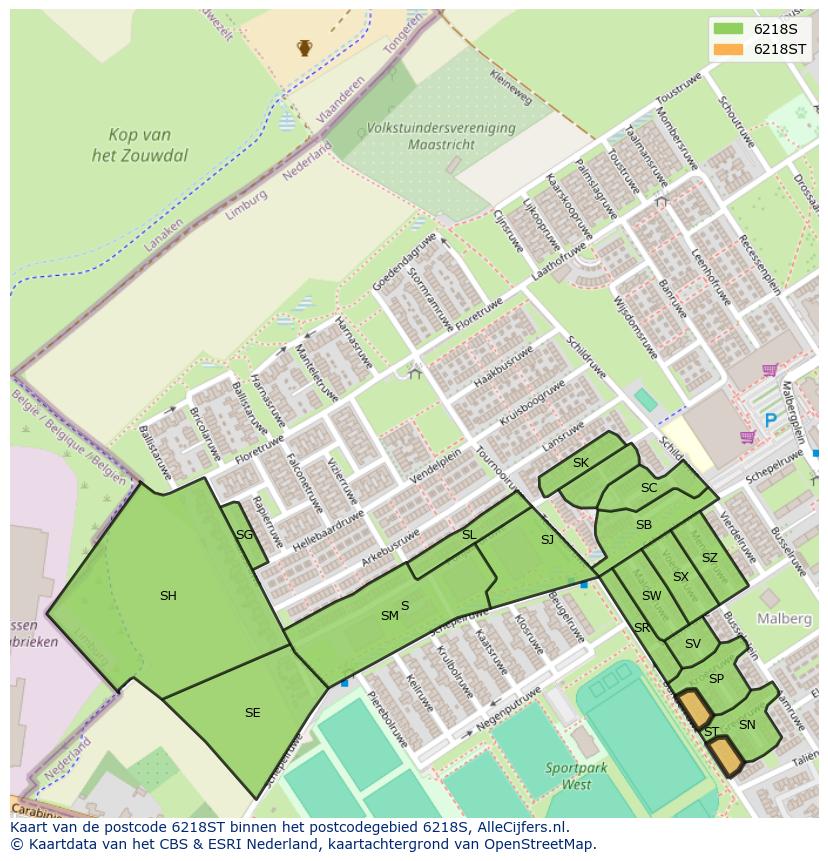 Afbeelding van het postcodegebied 6218 ST op de kaart.