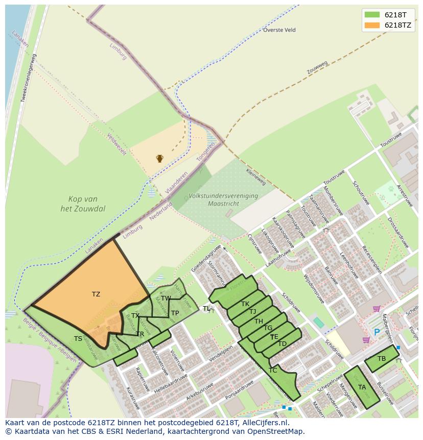 Afbeelding van het postcodegebied 6218 TZ op de kaart.