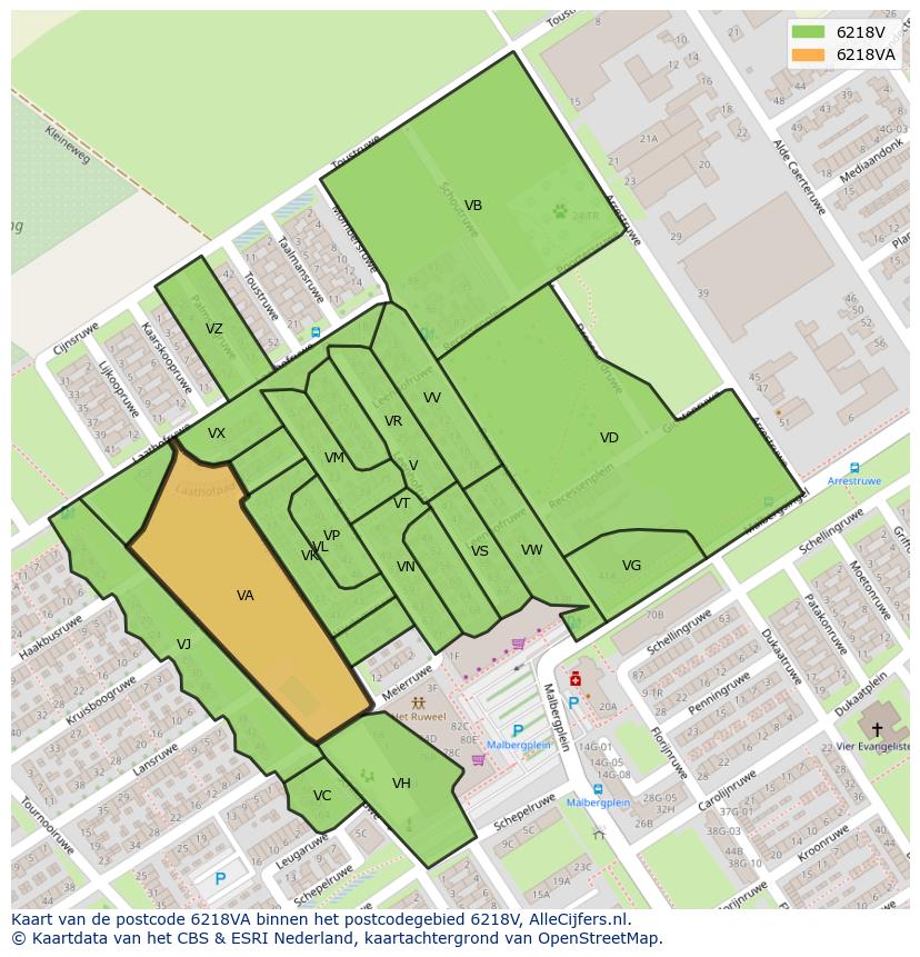 Afbeelding van het postcodegebied 6218 VA op de kaart.