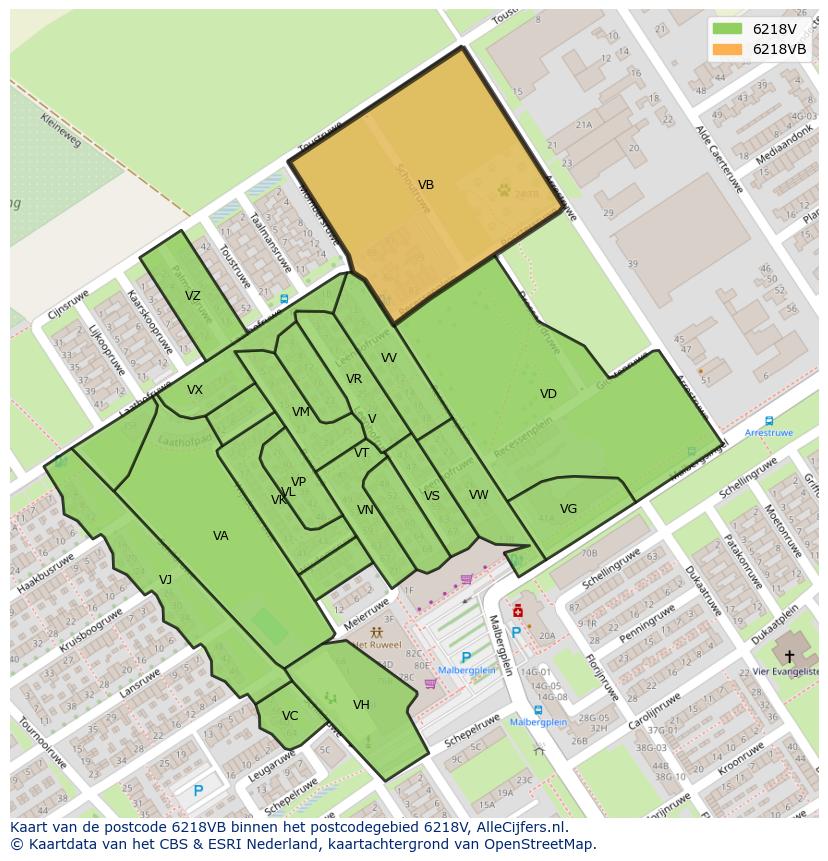 Afbeelding van het postcodegebied 6218 VB op de kaart.