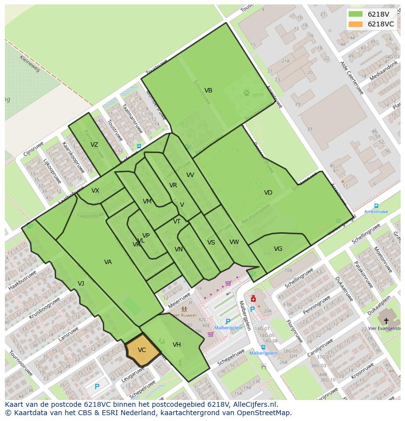 Afbeelding van het postcodegebied 6218 VC op de kaart.