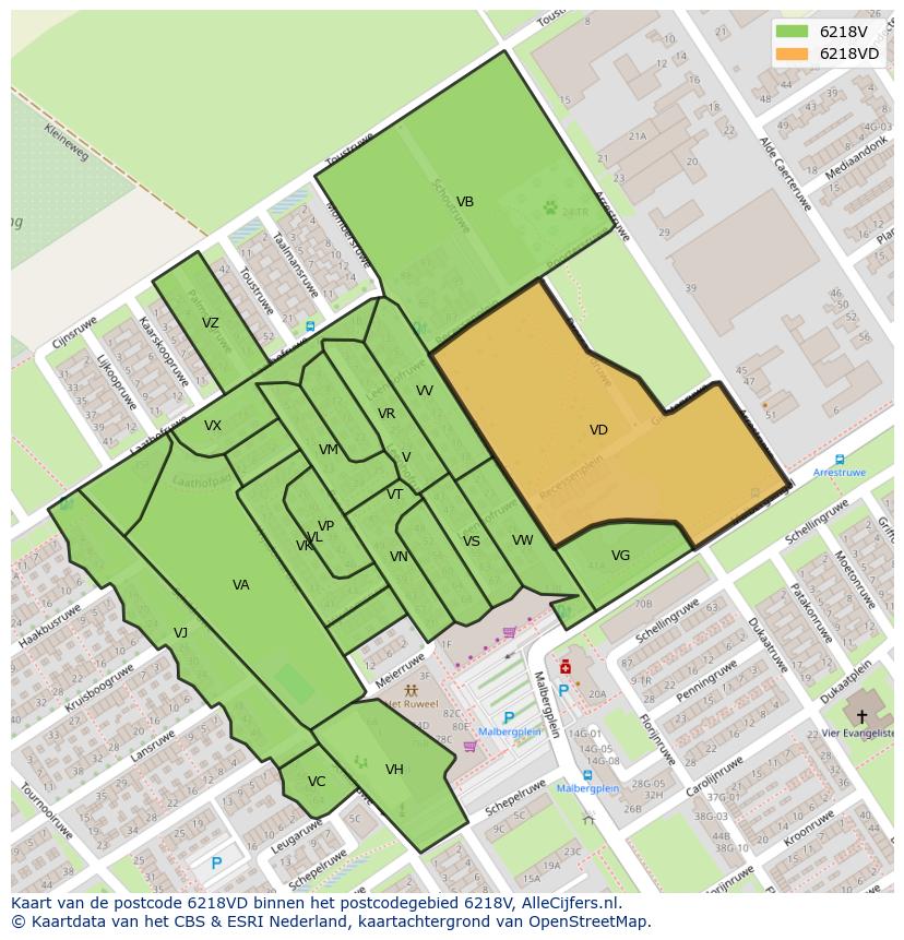 Afbeelding van het postcodegebied 6218 VD op de kaart.