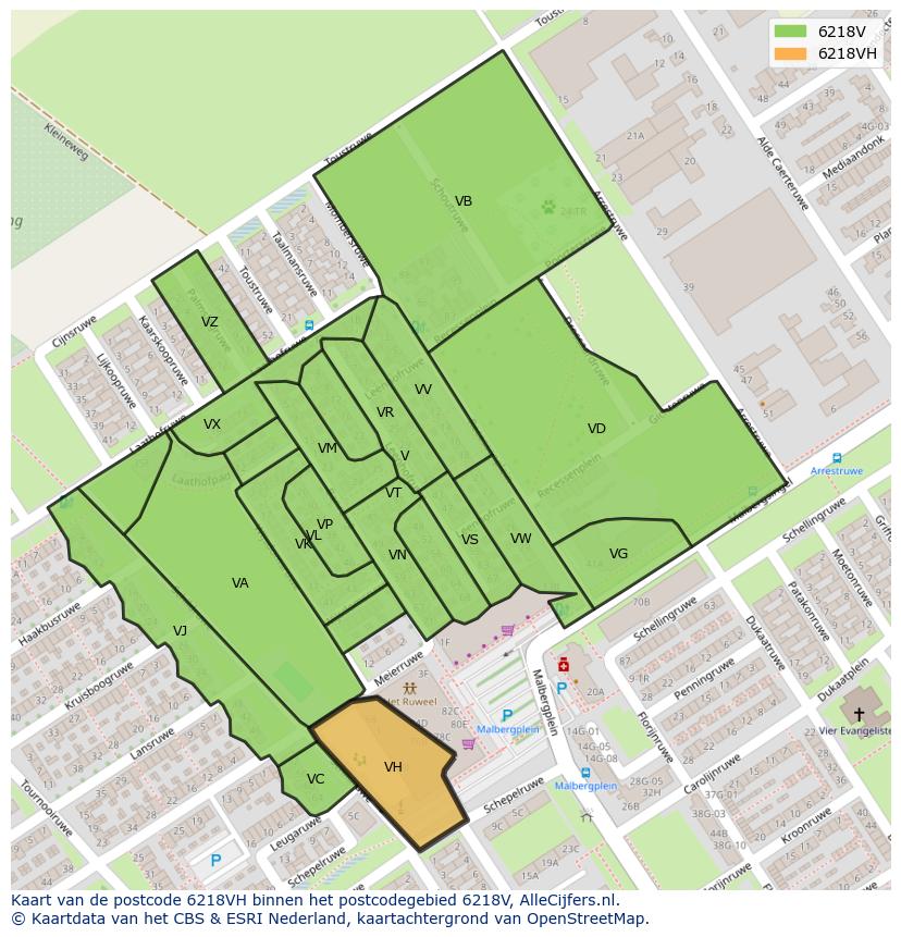 Afbeelding van het postcodegebied 6218 VH op de kaart.