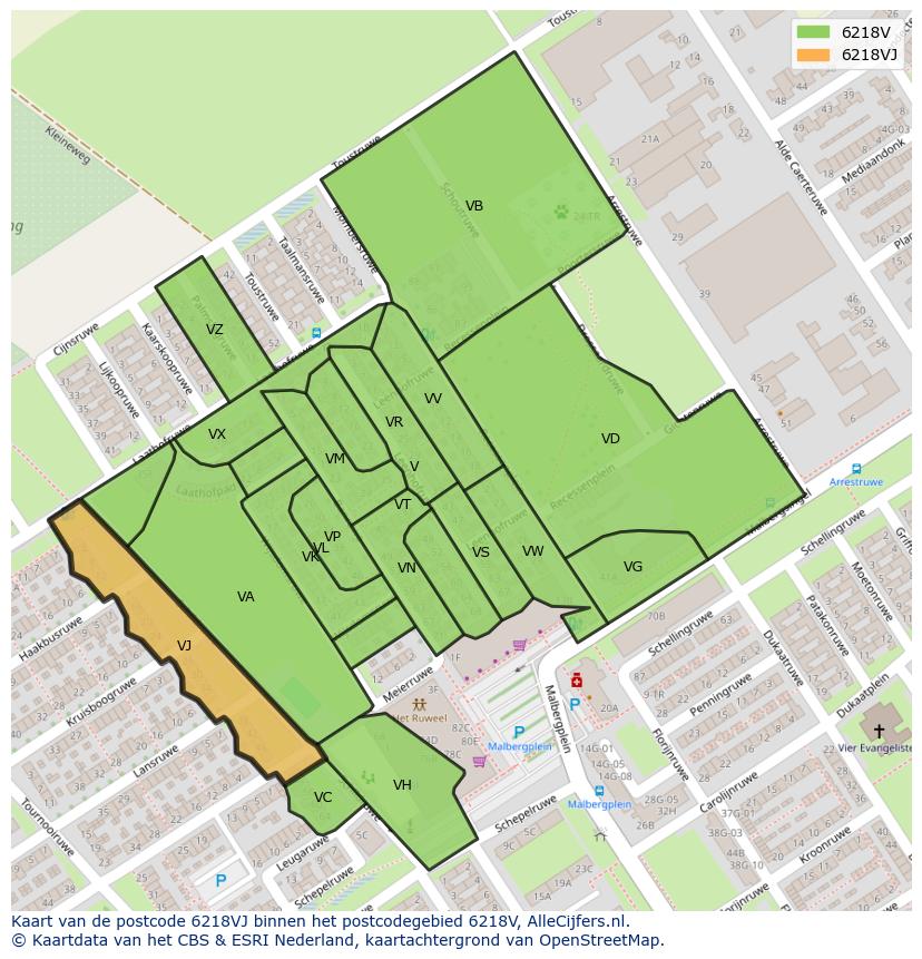 Afbeelding van het postcodegebied 6218 VJ op de kaart.