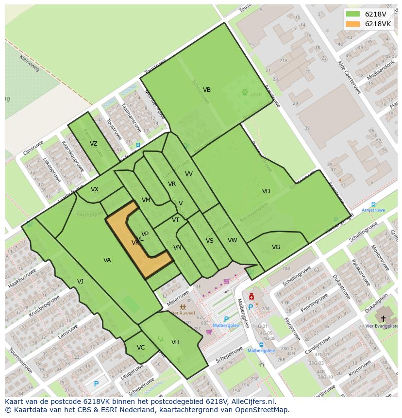 Afbeelding van het postcodegebied 6218 VK op de kaart.