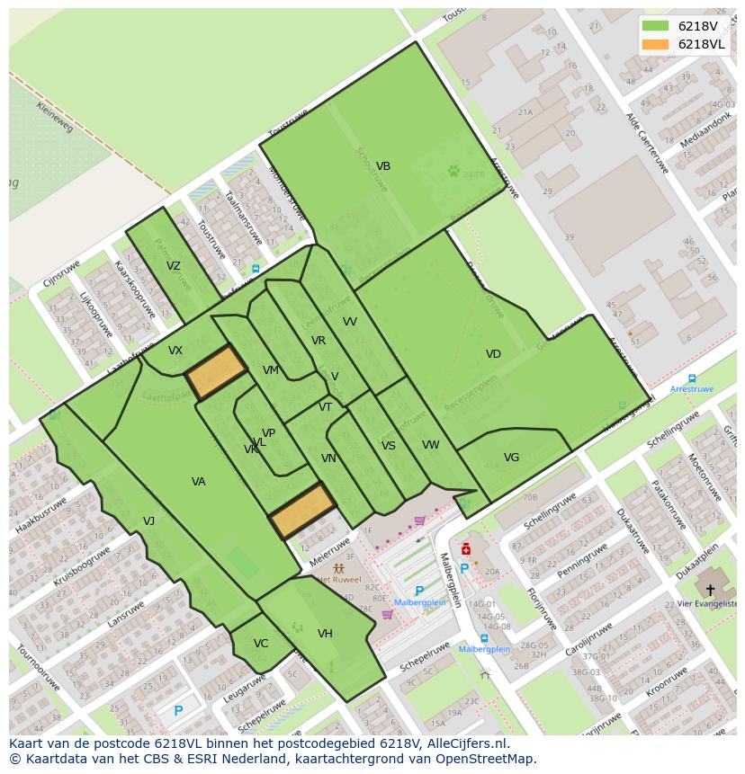 Afbeelding van het postcodegebied 6218 VL op de kaart.