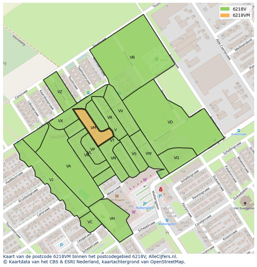 Afbeelding van het postcodegebied 6218 VM op de kaart.