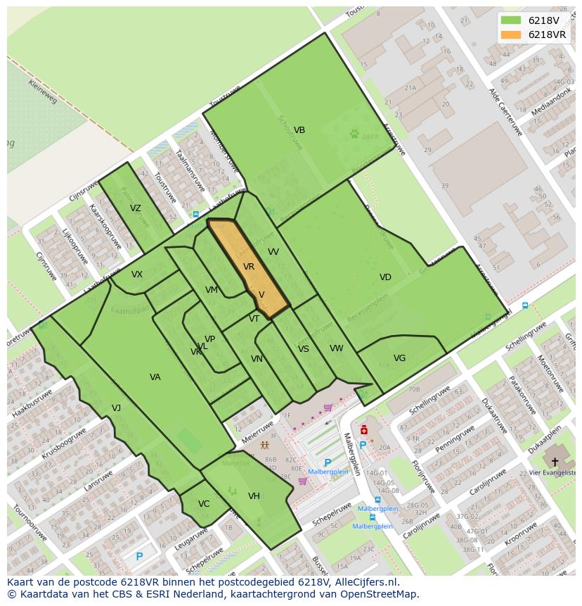 Afbeelding van het postcodegebied 6218 VR op de kaart.