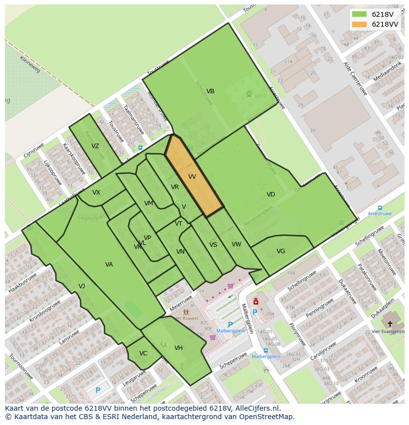 Afbeelding van het postcodegebied 6218 VV op de kaart.