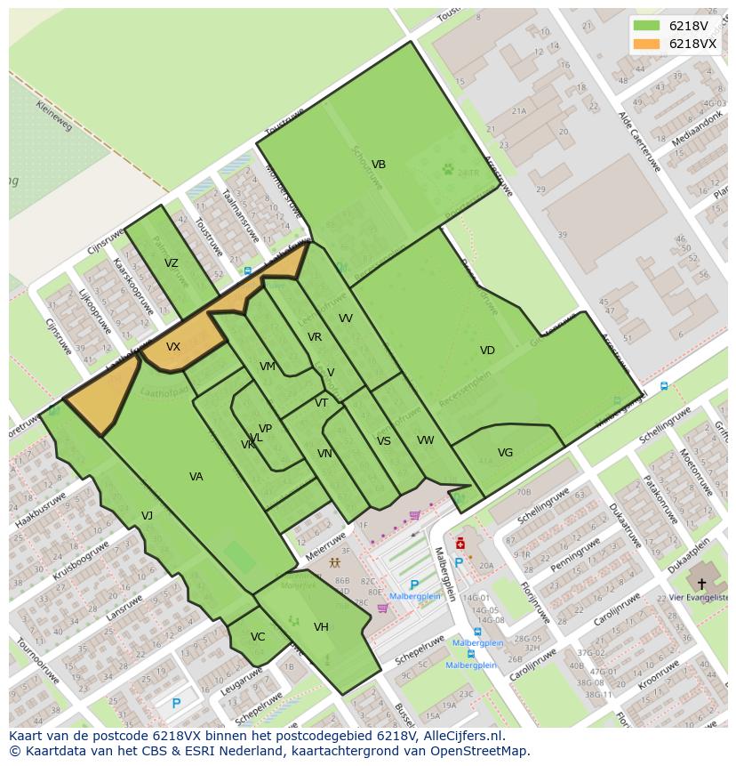 Afbeelding van het postcodegebied 6218 VX op de kaart.