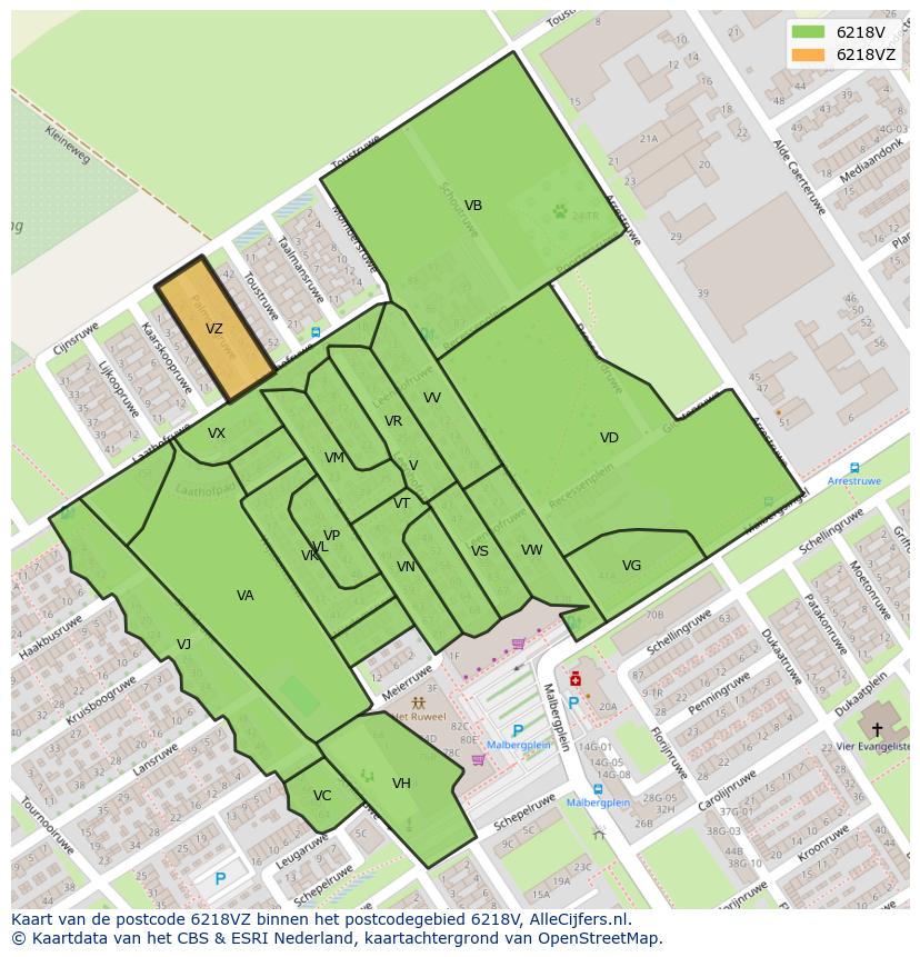 Afbeelding van het postcodegebied 6218 VZ op de kaart.