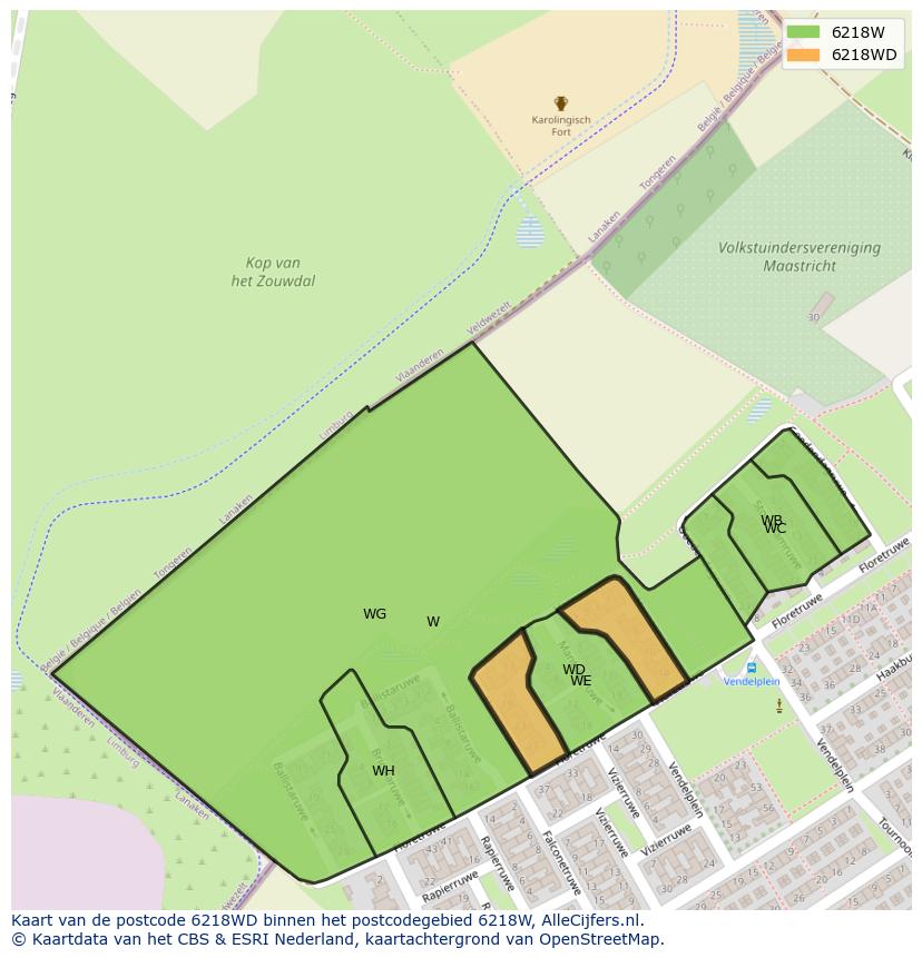 Afbeelding van het postcodegebied 6218 WD op de kaart.