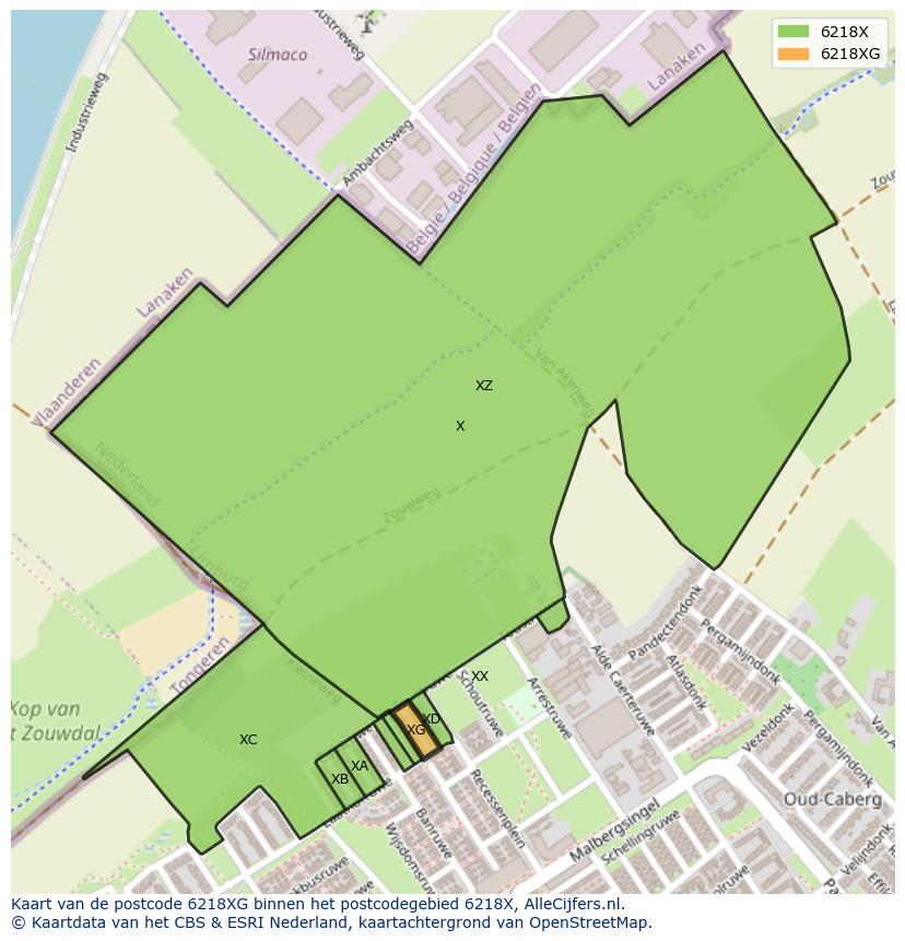 Afbeelding van het postcodegebied 6218 XG op de kaart.
