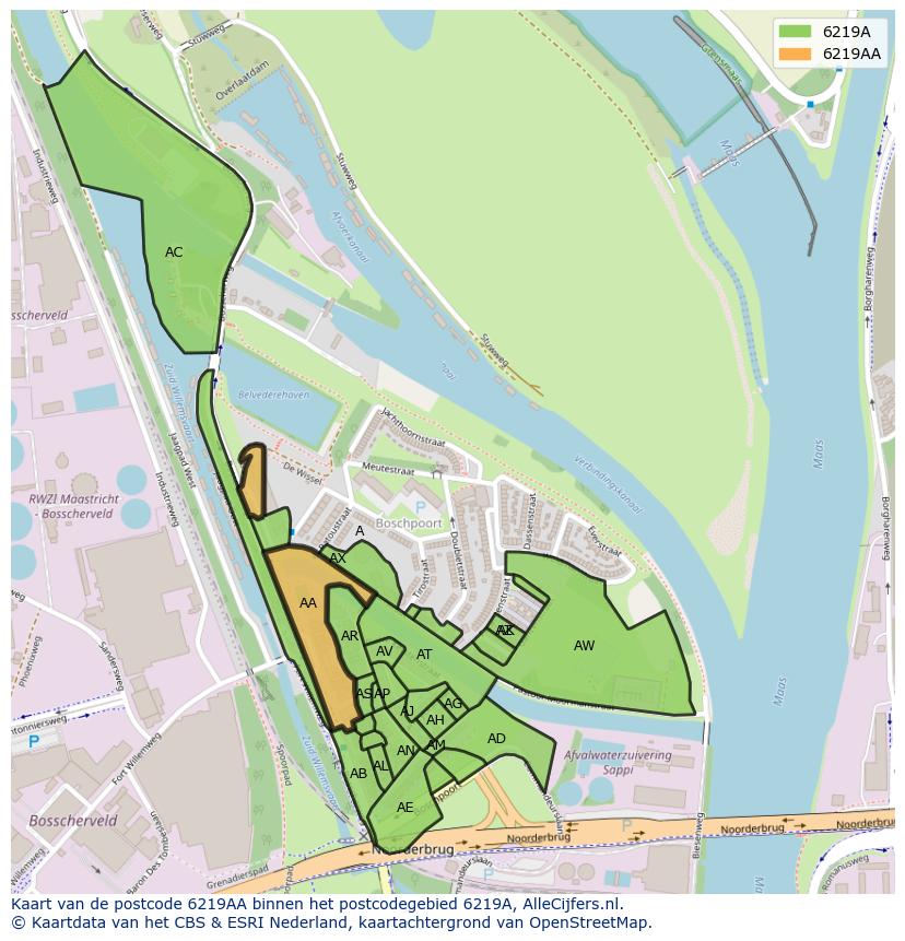 Afbeelding van het postcodegebied 6219 AA op de kaart.