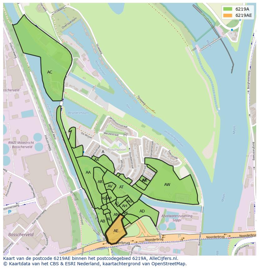 Afbeelding van het postcodegebied 6219 AE op de kaart.