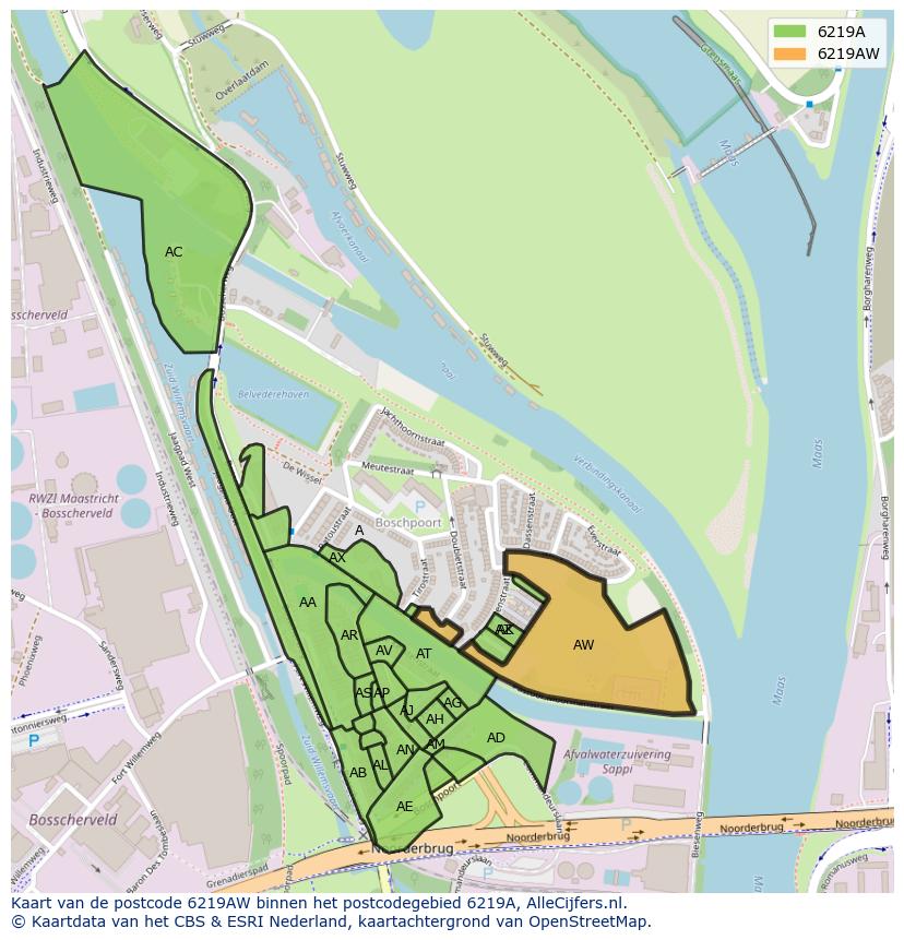 Afbeelding van het postcodegebied 6219 AW op de kaart.