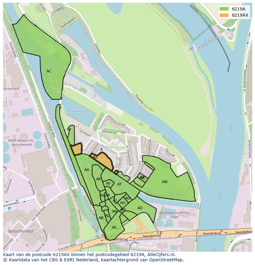 Afbeelding van het postcodegebied 6219 AX op de kaart.