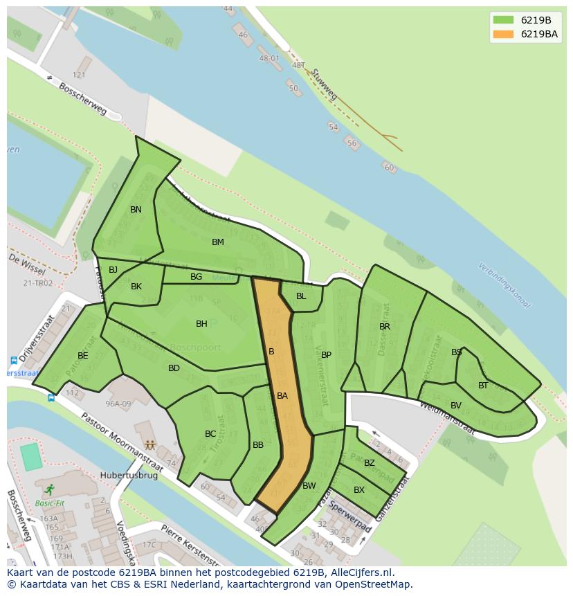 Afbeelding van het postcodegebied 6219 BA op de kaart.