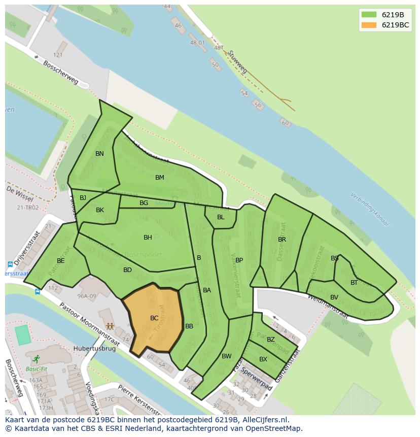 Afbeelding van het postcodegebied 6219 BC op de kaart.