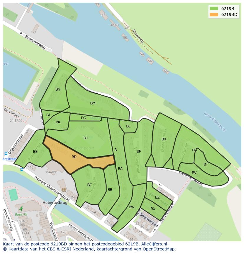 Afbeelding van het postcodegebied 6219 BD op de kaart.