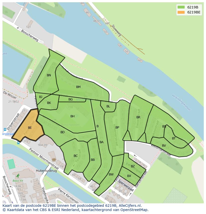 Afbeelding van het postcodegebied 6219 BE op de kaart.