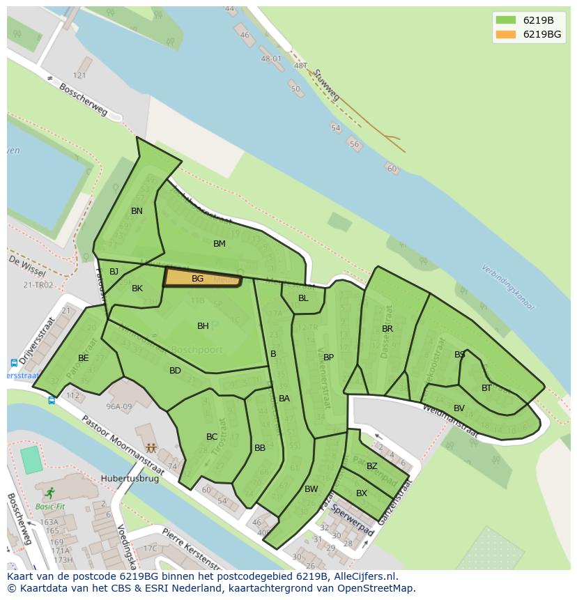 Afbeelding van het postcodegebied 6219 BG op de kaart.