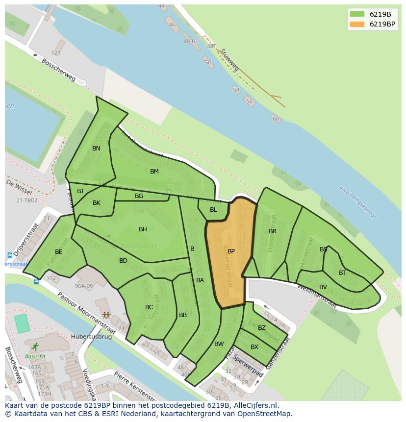 Afbeelding van het postcodegebied 6219 BP op de kaart.