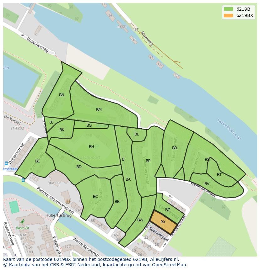 Afbeelding van het postcodegebied 6219 BX op de kaart.