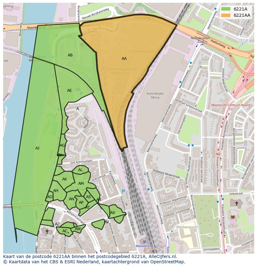 Afbeelding van het postcodegebied 6221 AA op de kaart.