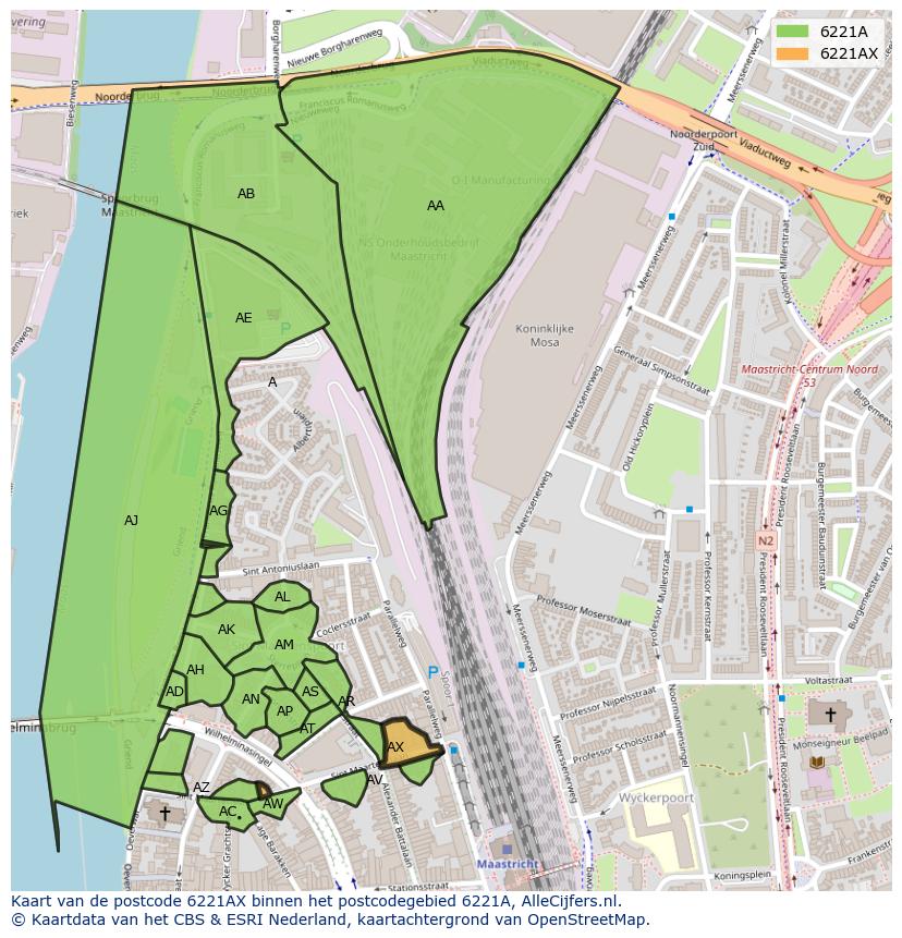 Afbeelding van het postcodegebied 6221 AX op de kaart.