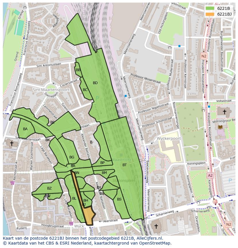 Afbeelding van het postcodegebied 6221 BJ op de kaart.