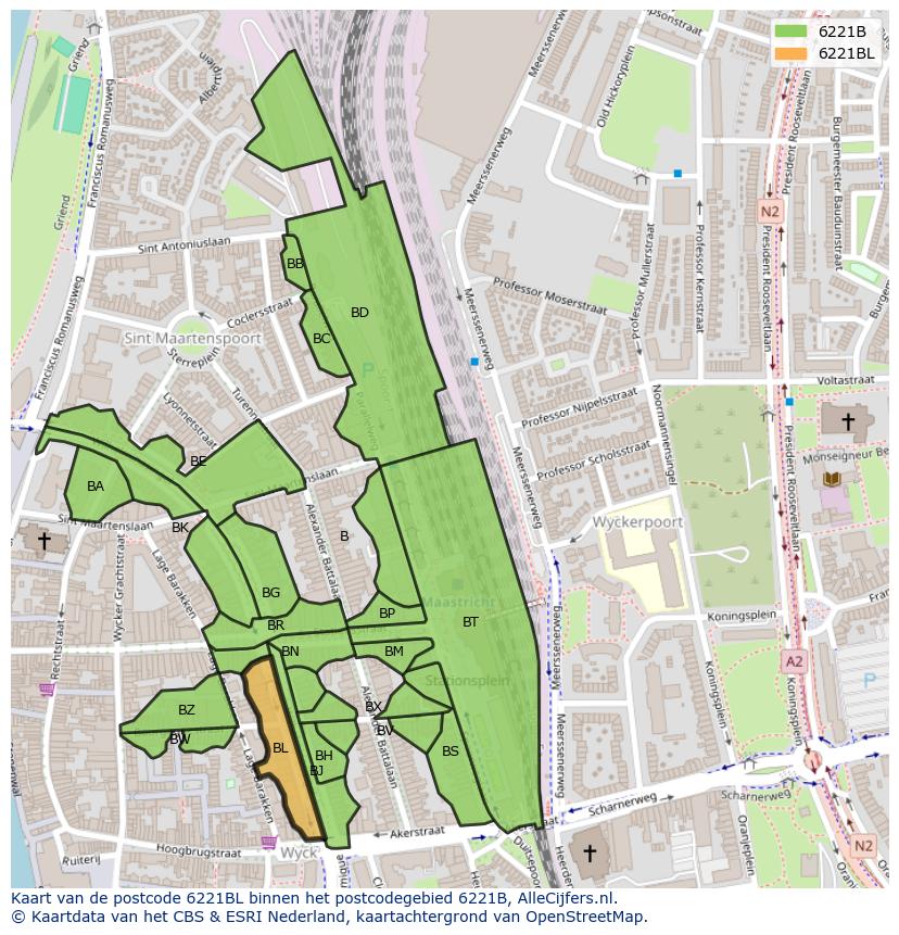 Afbeelding van het postcodegebied 6221 BL op de kaart.