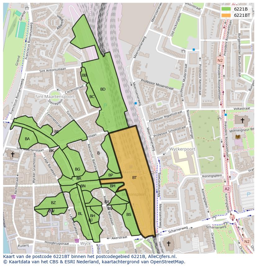 Afbeelding van het postcodegebied 6221 BT op de kaart.