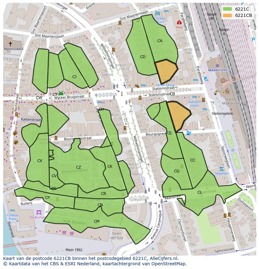 Afbeelding van het postcodegebied 6221 CB op de kaart.