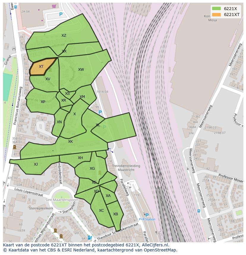 Afbeelding van het postcodegebied 6221 XT op de kaart.