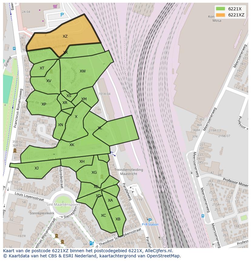 Afbeelding van het postcodegebied 6221 XZ op de kaart.