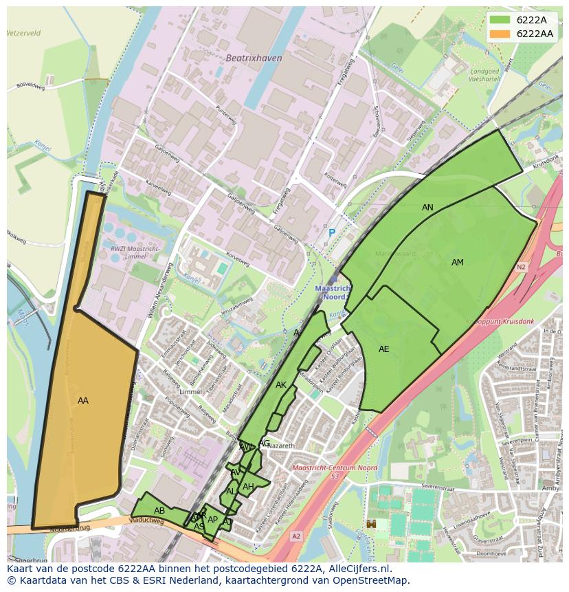 Afbeelding van het postcodegebied 6222 AA op de kaart.