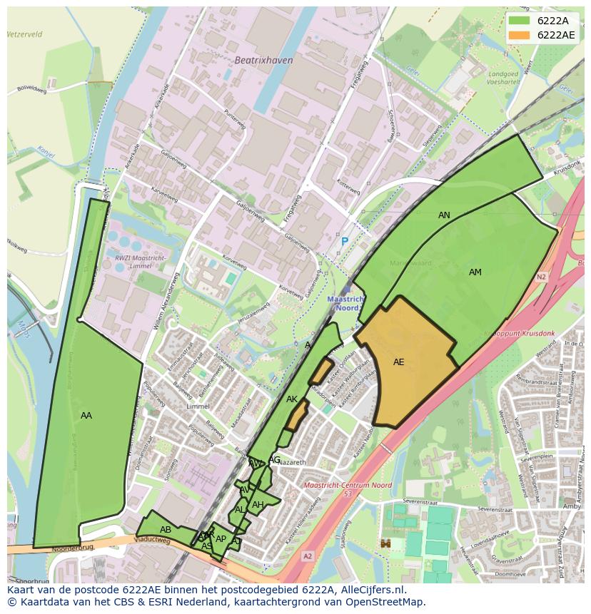 Afbeelding van het postcodegebied 6222 AE op de kaart.