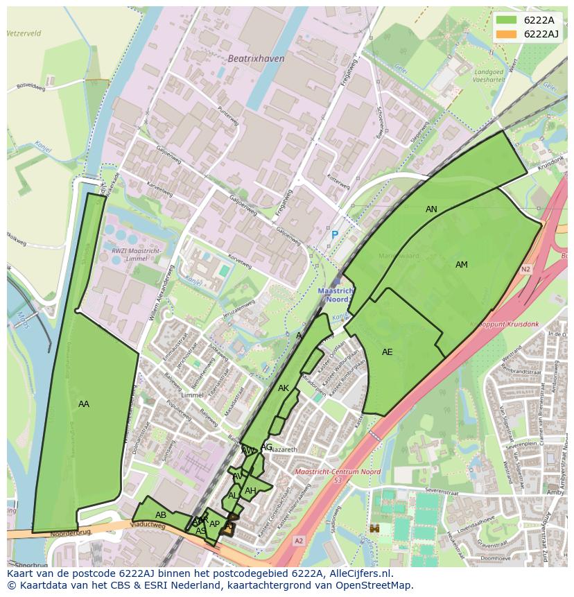 Afbeelding van het postcodegebied 6222 AJ op de kaart.