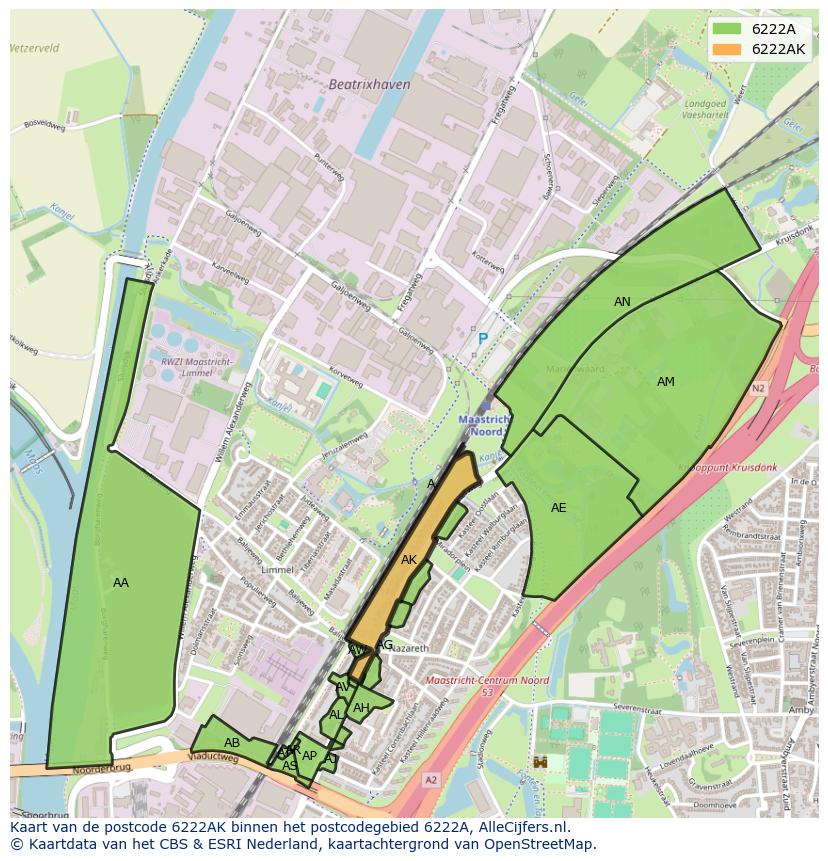 Afbeelding van het postcodegebied 6222 AK op de kaart.