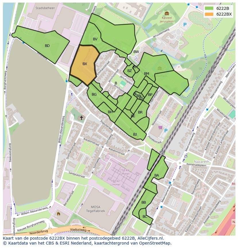 Afbeelding van het postcodegebied 6222 BX op de kaart.